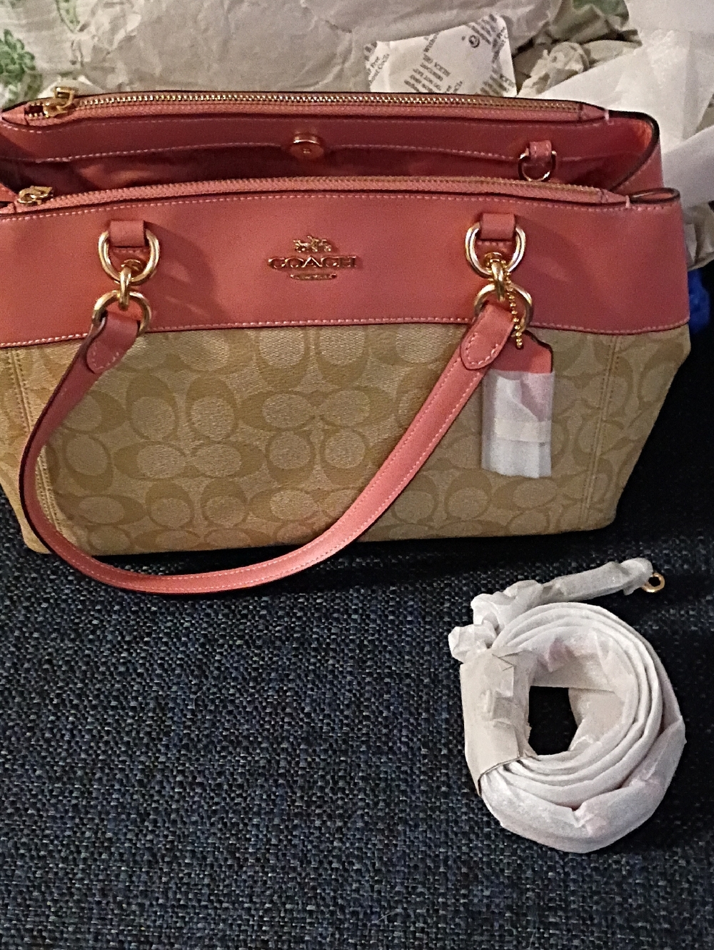 Coach Beige Signature Canvas Tote with Coral Leather Trim